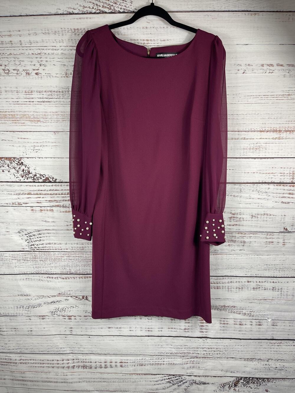 Karl Lagerfeld Paris Dress Women's 12 Purple Sheath Pearl Cuff Long Sleeve NWT